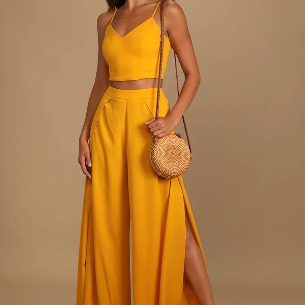 Lulu's Out Tonight Mustard Yellow Two-Piece Jumpsuit, Small